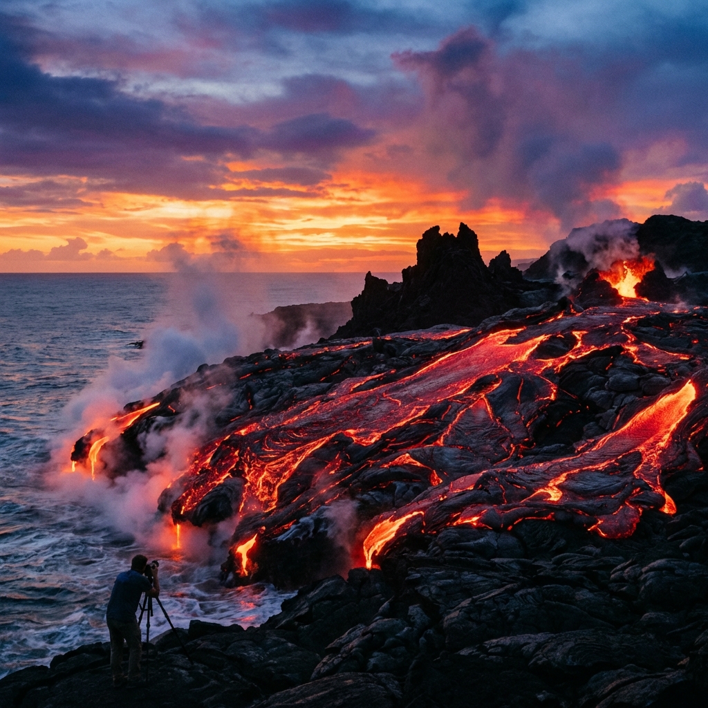 Volcanic landscape with glowing lava