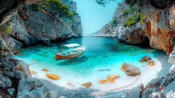 A high-angle view of Navagio Beach, also known as Shipwreck Beach, with its crystal clear turquoise waters and white limestone cliffs